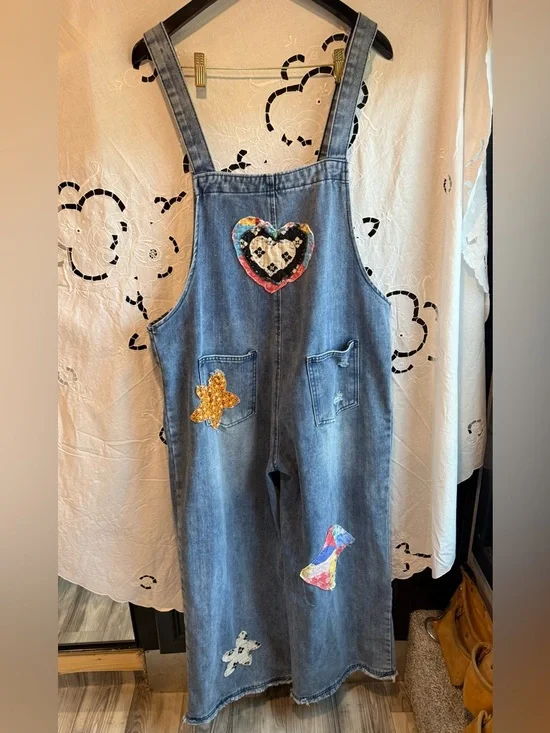Sedona Artist OOAK Patchwork Denim Overalls girlhood floral Star Appliqués L - Picture 2 of 8